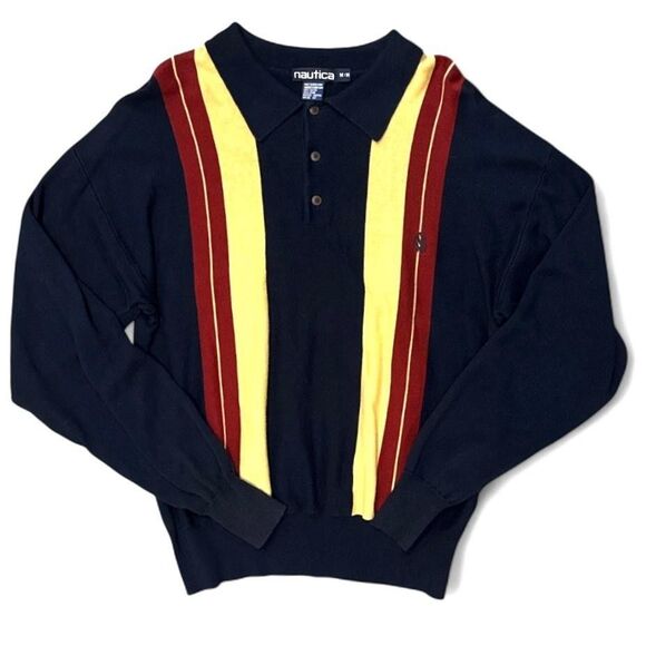Nautica Other - Vintage Nautica Sweater Mens Medium Navy Striped Knit Polo Rugby 100% Cotton 90s